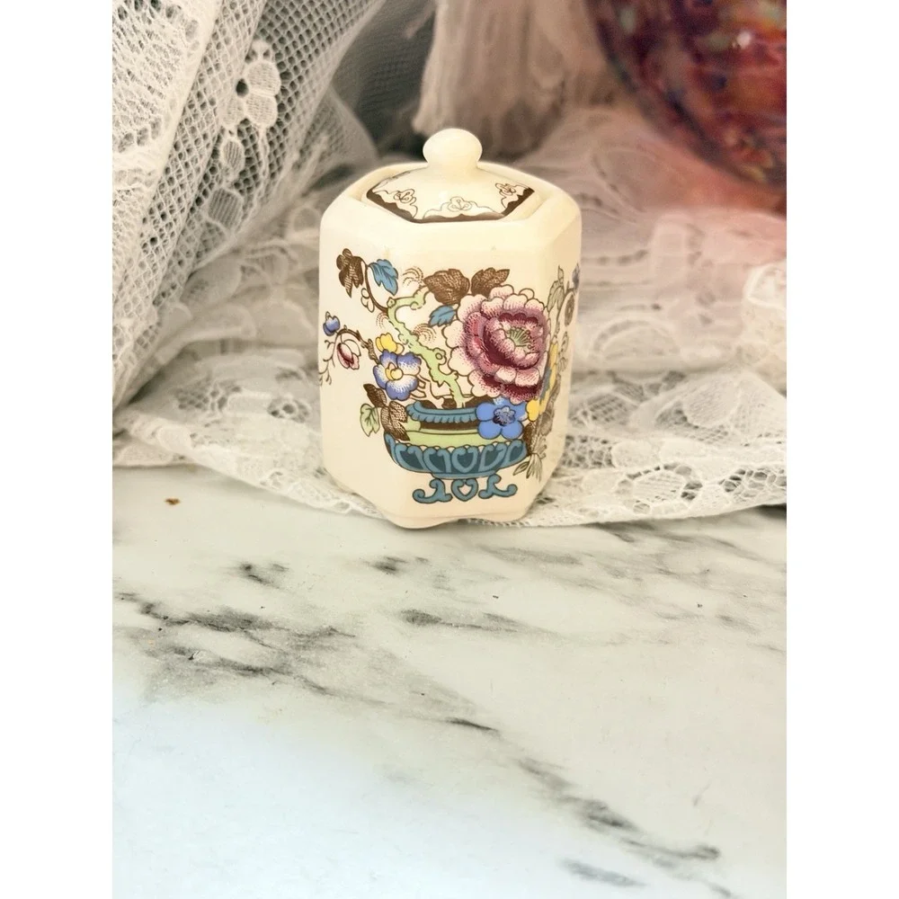 Mason's Ironstone Hexagon Flowered Trinket Box & Lid Jar Transfer Ware (A3216)